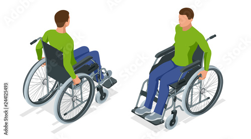 Isometric man in a wheelchair using a ramp isolated. Chair with wheels, used when walking is difficult or impossible due to illness, injury, or disability. Medical support equipment.