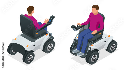 Isometric man on an electric wheelchair. New large motorized electric wheelchair. Mobile scooter.