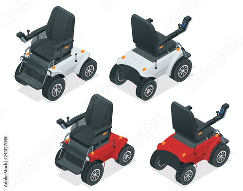 Isometric set of electric wheelchair. New large motorized electric wheelchair. Mobile scooter.