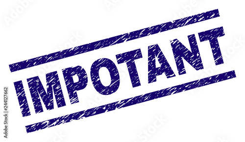 IMPOTANT seal stamp with distress style. Blue vector rubber print of IMPOTANT text with dust texture. Text title is placed between parallel lines.