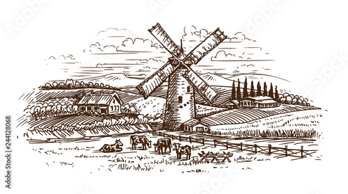 Rural landscape, village sketch. Hand drawn farm, farming. Agriculture vintage vector illustration