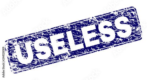 USELESS stamp seal watermark with grunge texture. Seal shape is a rounded rectangle with frame. Blue vector rubber print of USELESS text with unclean texture.