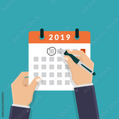 Hand holding a calendar year 2019 and pen, business plans, strategic plans, teamwork, new ideas, fresh ideas, vector design illustration flat modern template