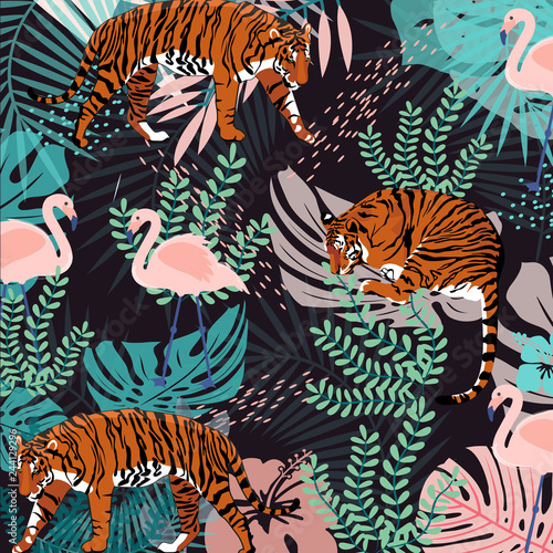 Pattern with tiger and pink flamingo  vector hand drawn watercolor illustration