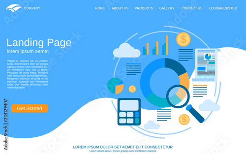 Website landing page vector template. Blue-white background with flat style business concept illustration. Design for webpage and application