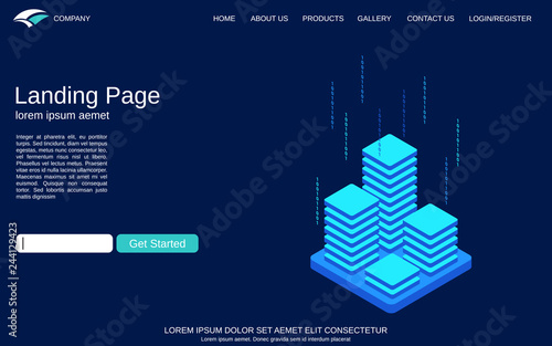 Website landing page vector template. Blue background with digital technology isometric comcept illustration