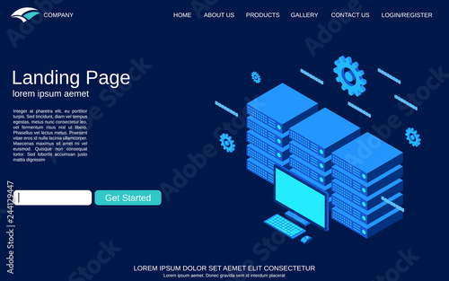 Website landing page vector template. Blue background with web server flat 3d isometric concept illustration