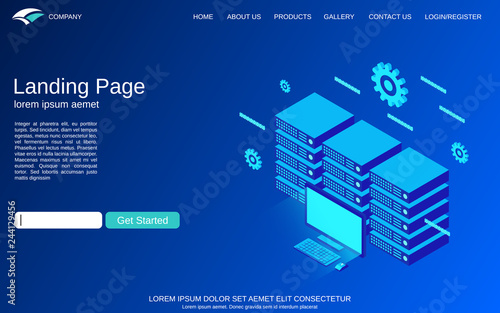 Website landing page vector template. Blue background with web server flat 3d isometric concept illustration