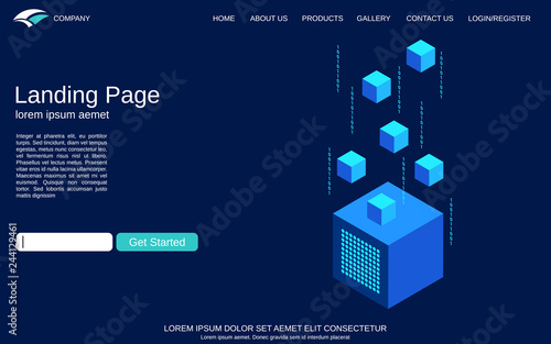 Website landing page vector template. Blue background with digital technology isometric comcept illustration