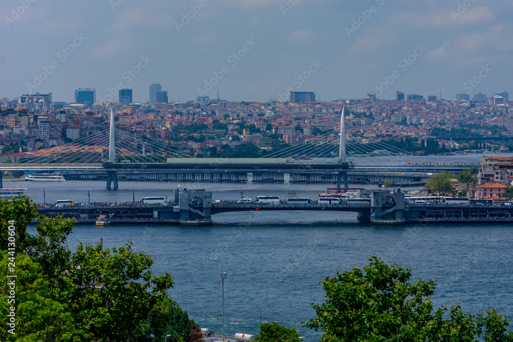 Two famous bridges on the bosphorus Golden Horn Metro Bridge and Galata Bridge