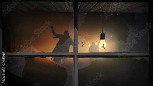 Approaching Zombies at Dusk Window View 4K features the viewer looking through a window with broken glass, past a swinging light bulb to see zombie silhouettes walking at dusk 