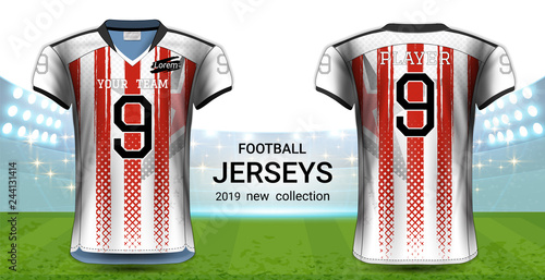 American Football or Soccer Jerseys Uniforms, Realistic Graphic Design Front and Back View for Presentation Mockup Template, Easy Possibility to Apply Your Artwork, Text, Image, Logo (Eps10 Vector)