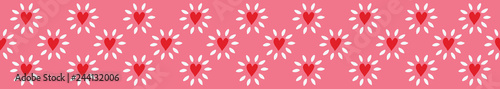Charming repeat border of red, pink and white glowing hearts on seamless background. Perfect for textile edge designs, fashion, home decor, ribbon, banners, washi tape and tea towel borders.  Vector. 