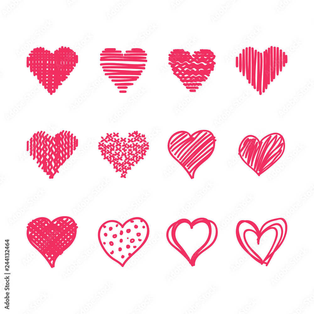 Happy Valentine's Day Abstract garland hand drawn collection, hearts, patterns, hand drawn, flat and letters.isolated on white background. eps10