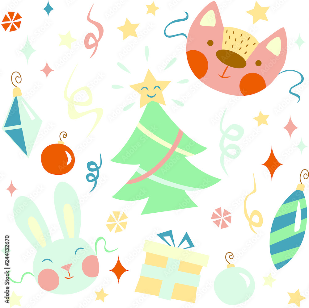 Colorful New Year pattern with Christmas tree