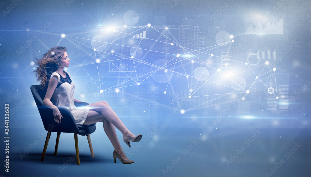 Elegant woman sitting in a sofa with network and connection concept
Elegant woman sitting in a sofa with network and connection concept