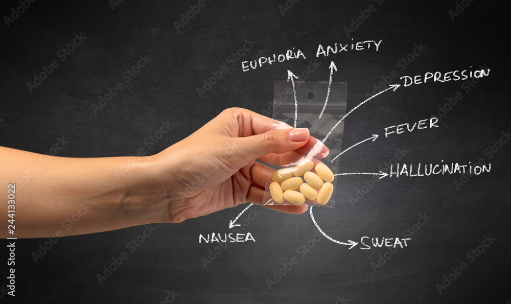 Fototapeta premium Hand with pills in plastic bag and blackboard wallpaper