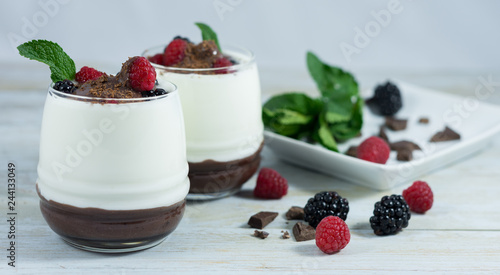 Dessert of yogurt with chocolate, red berries and mint.