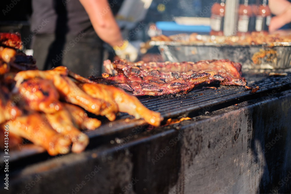 Cooking barbecue at outdoor summer grill festival in Vancouver
