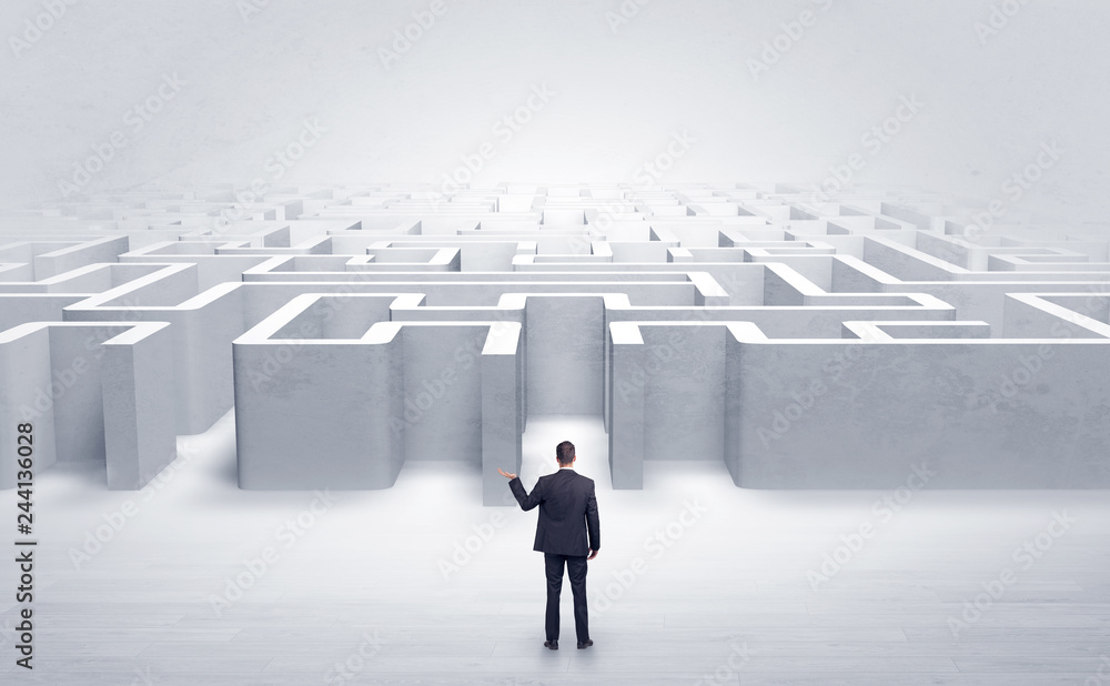 Businessman trying to decide which entrance to choose at the maze
Businessman trying to decide which entrance to choose at the maze
