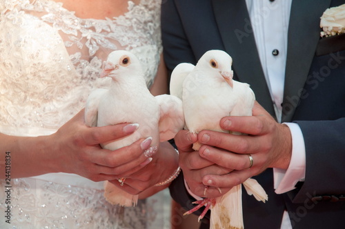 wedding couple releasing wedding white doves