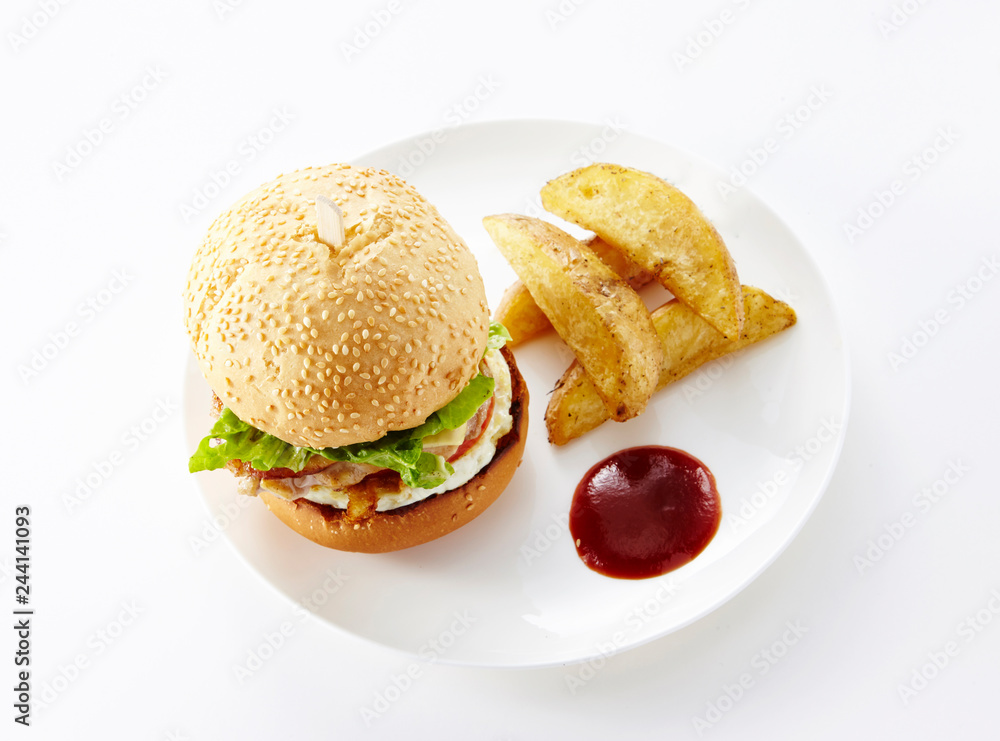 Tasty burger with french fries on a white background Tasty burger with french fries on a white background