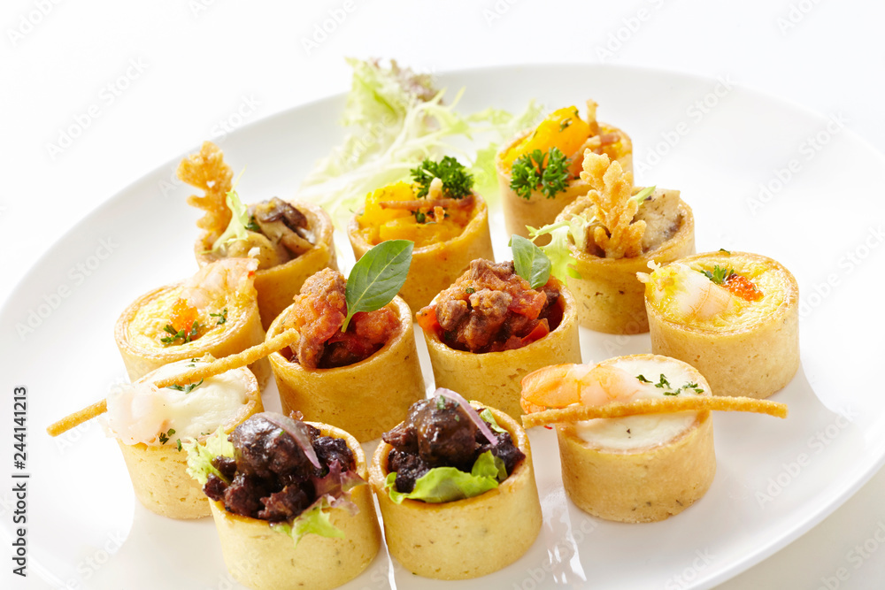 Delicious western-style snack platter on a white background