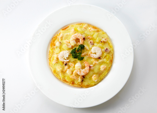 Delicious seafood small pizza on white background