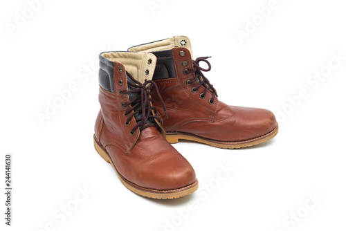 Male brown leather boot, footwear fashion isolated on white background.