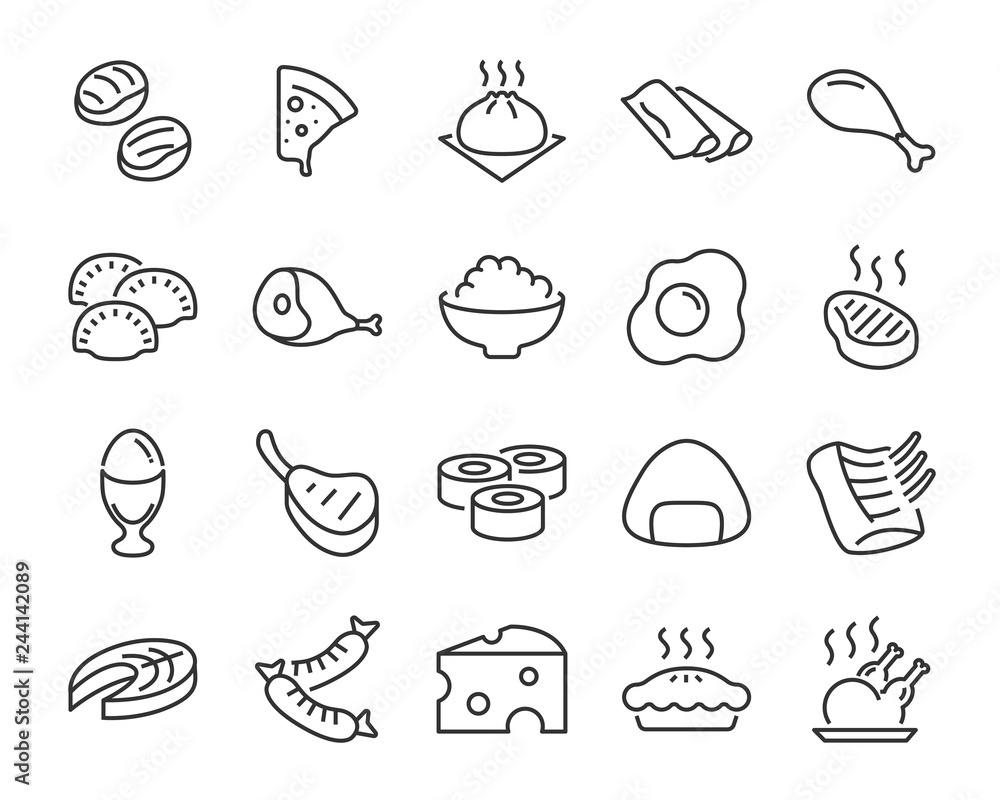 set of food icons ,such as sushi, rice, meat, boil egg, fish set of food icons ,such as sushi, rice, meat, boil egg, fish