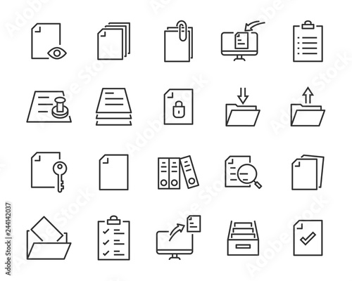 set of document icons, such as files, checkmark, find, search, paper photo