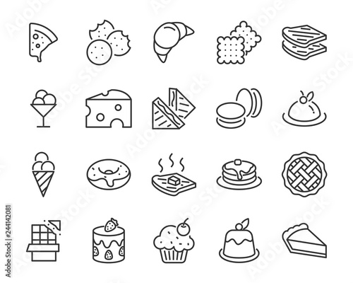 set of bakery icons, such as cake, doughnut,  bread, cheese, pie, tart