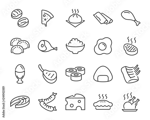 set of food icons ,such as sushi, rice, meat, boil egg, fish