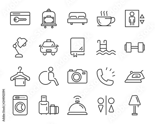 set of hotel icons, such as  dormitory, apartment, bed, room, service, hostel, park