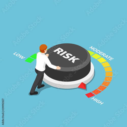 Isometric businessman turning risk button to high position