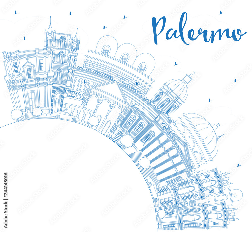 Outline Palermo Italy City Skyline with Blue Buildings and Copy Space.