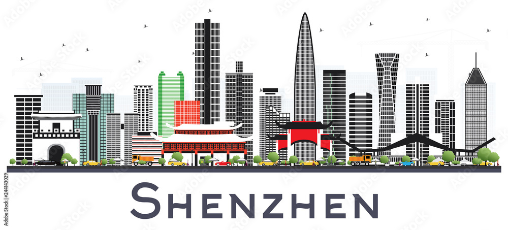 Shenzhen China City Skyline with Color Buildings Isolated on White.