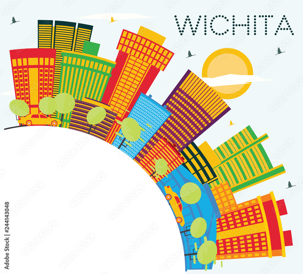 Wichita Kansas USA City Skyline with Color Buildings, Blue Sky and Copy Space.