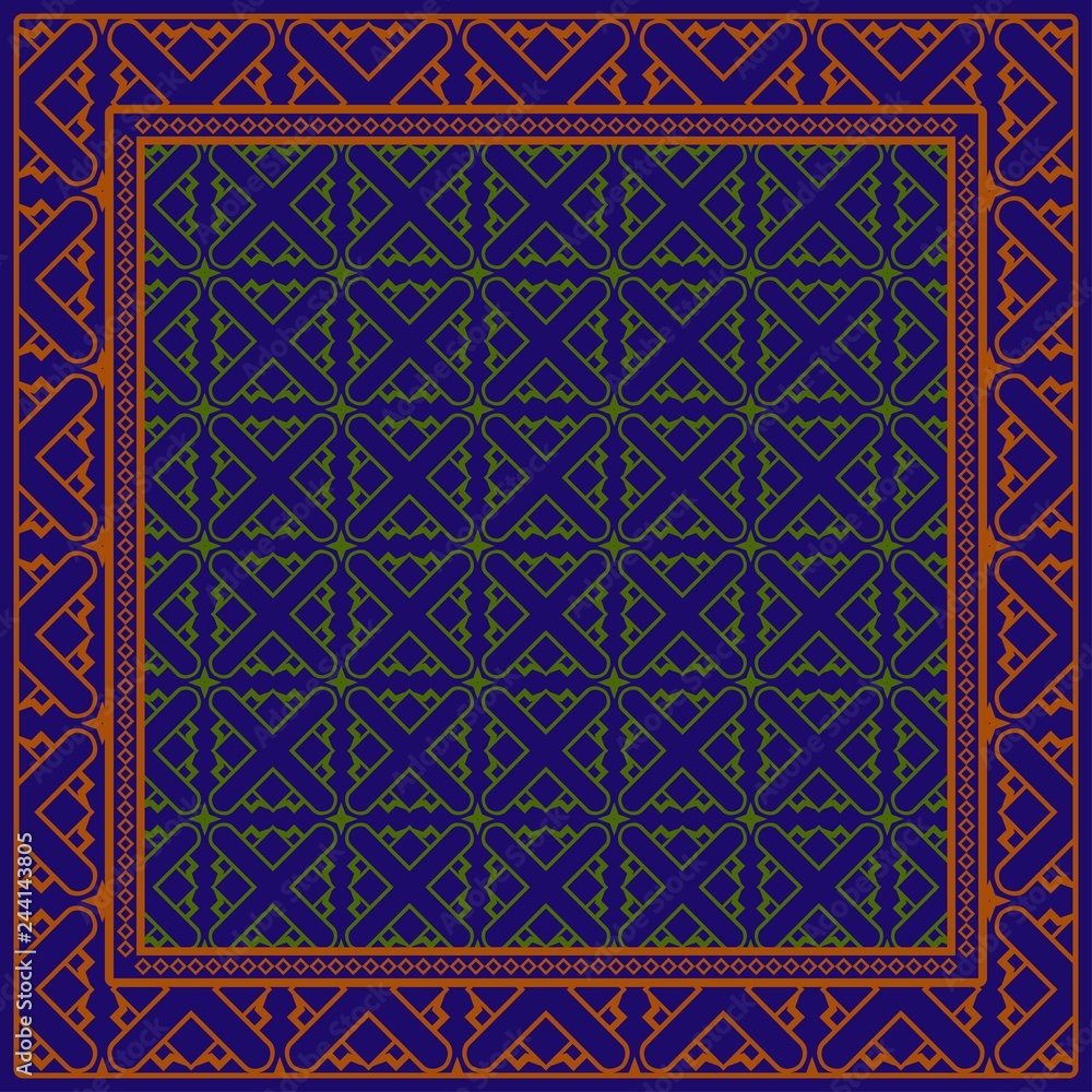 Decorative Pattern With Geometric Decoration. Symmetric Pattern . For Print Bandanna, Tablecloth, Fabric Fashion. blue, brown color Decorative Pattern With Geometric Decoration. Symmetric Pattern . For Print Bandanna, Tablecloth, Fabric Fashion. blue, brown color