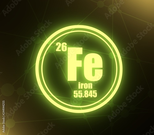 Iron chemical element. Sign with atomic number and atomic weight. Chemical element of periodic table. Molecule And Communication Background. Connected lines with dots. 3D rendering photo