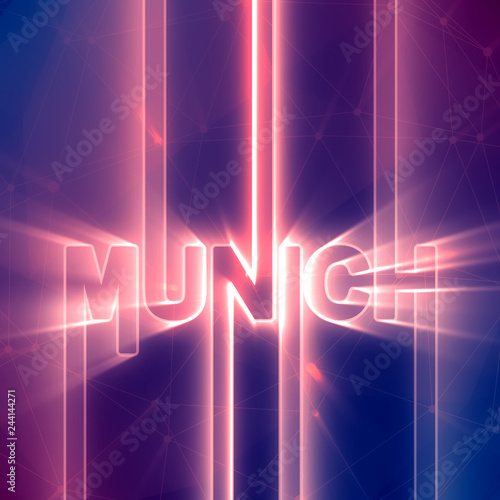 Fototapeta Naklejka Na Ścianę i Meble -  Munich city name in geometry style design. Creative vintage typography poster concept. Neon bulbs letters. Molecule and communication background. Connected lines with dots.