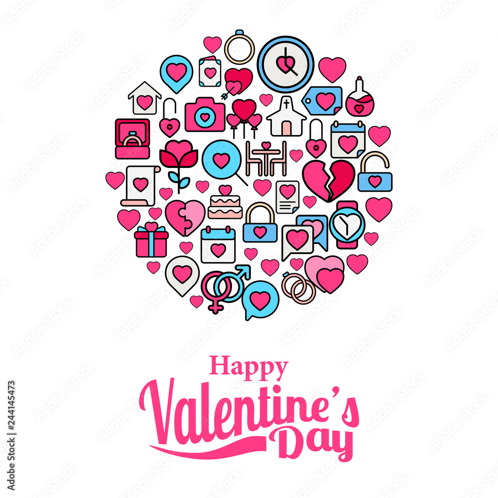 Illustration of love romance icons collage for valentine's day circle. Vector illustration