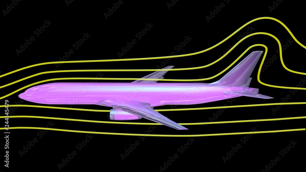 Air flow around airplane body. 3d render wind tunnel design concept ...