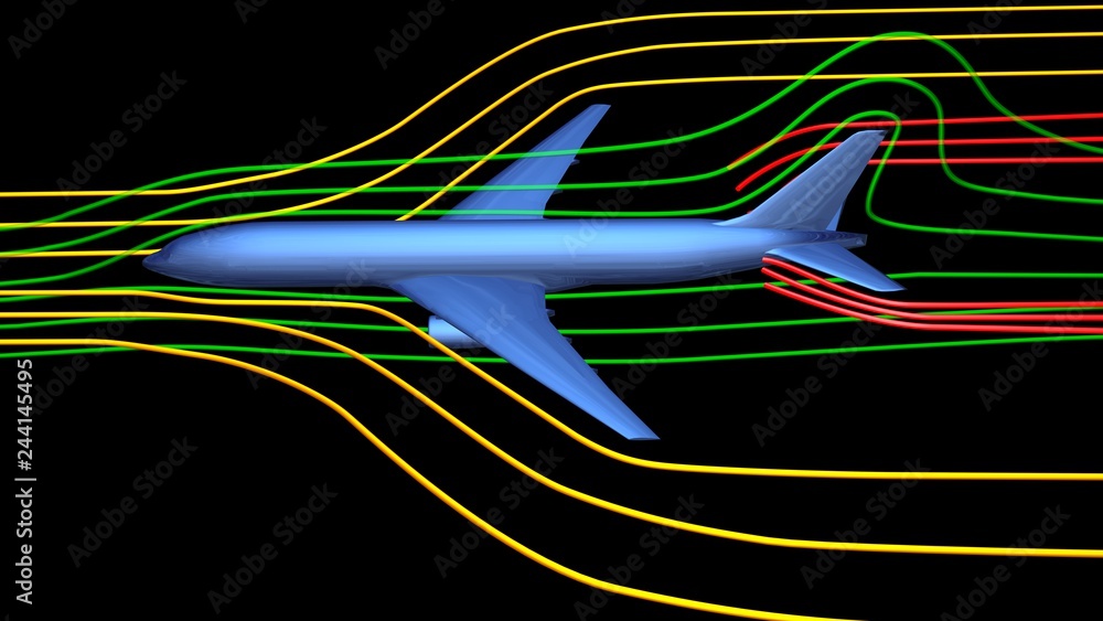 Air flow around airplane body. 3d render wind tunnel design concept