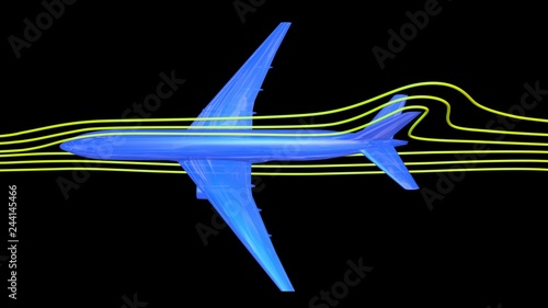 Air flow around airplane body. 3d render  wind tunnel design concept . Top perspective view photo