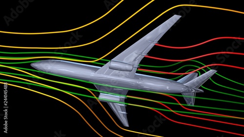Air flow around airplane body. 3d render  wind tunnel design concept . Bottom view