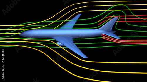 Fototapeta Naklejka Na Ścianę i Meble -  Air flow around airplane body. 3d render  wind tunnel design concept .Side view