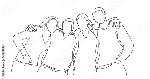 group of college friends standing together posing - one line drawing