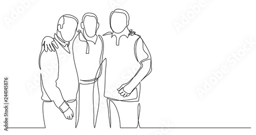 senior friends standing together as team - one line drawing