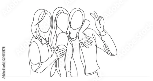happy and carefree group of friends posing together - one line drawing